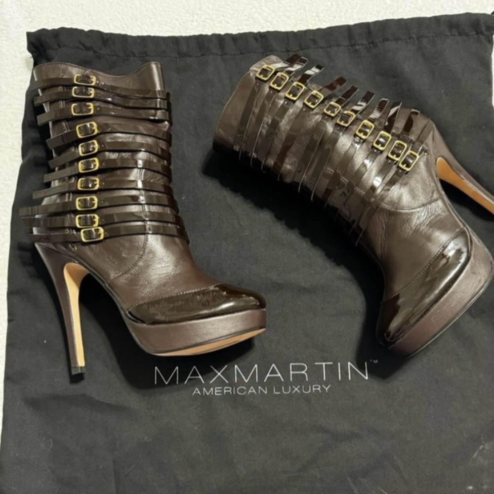 Max Martin Rich Brownstone Leather Heeled Boots with Straps authentic, luxury